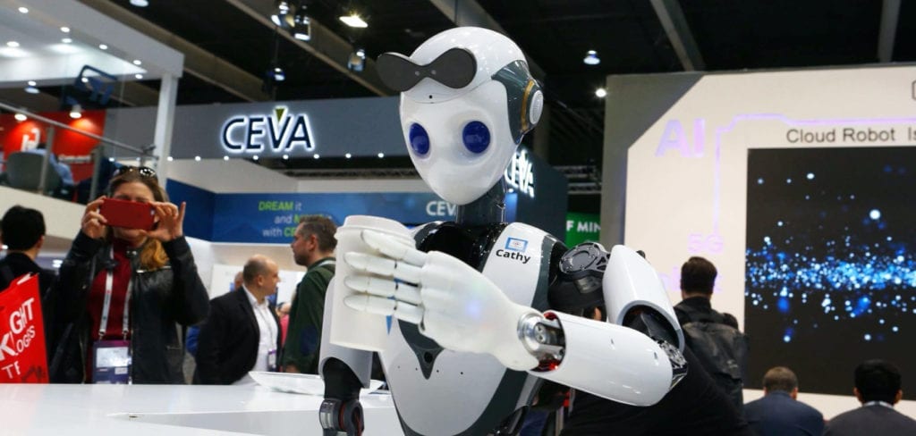 Robot attempting to shake hand at MWC tech event