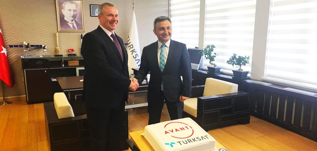 Avanti CEO Kyle Whitehill shaking hands with Turksat CEO